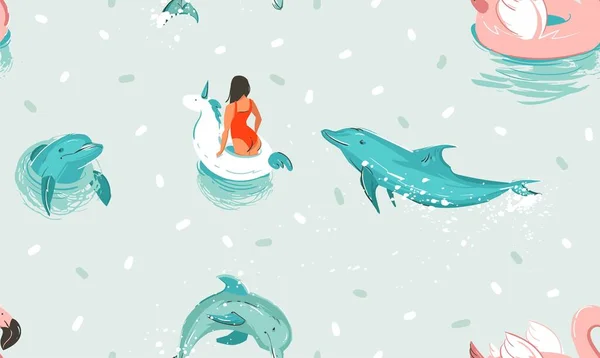 Hand dras vektor stock abstrakt söt sommar tid tecknad illustrationer sömlös mönster med enhörning gummi ring och delfiner i blå hav vatten bakgrund — Stock vektor