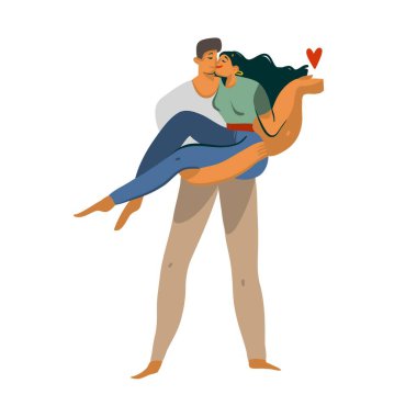 El çizimi vektör stoku soyut aşk illüstrasyonu genç romantik öpüşen çiftle birlikte beyaz arka planda izole edilmiş.