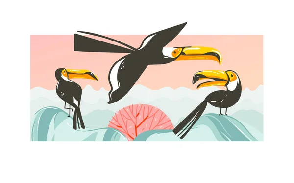 ビーチの夕景と白い背景に分離されたテキストのコピー場所の熱帯オオハシ鳥と手描きベクトル抽象的な漫画夏グラフィック イラスト アート — ストックベクタ