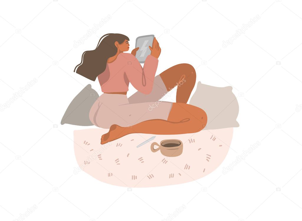 Hand drawn vector stock abstract graphic illustrations collection set with young girl sitting at home with pillows uses ipad and apple pencil and drink coffee isolated on white background.