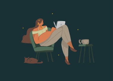 Elle çizilmiş vektör stoku soyut grafik çizimleri genç bir kızla bir sandalyeye oturur ve elinde tablet bir bilgisayarla siyah arka planda izole edilmiş bir kediyle kahve içer.