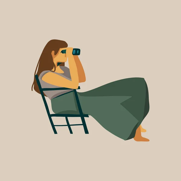 Hand drawn vector stock abstract graphic illustration with a girl sitting on a chair and looking through binoculars on a wild safari isolated on white background — Stok Vektör