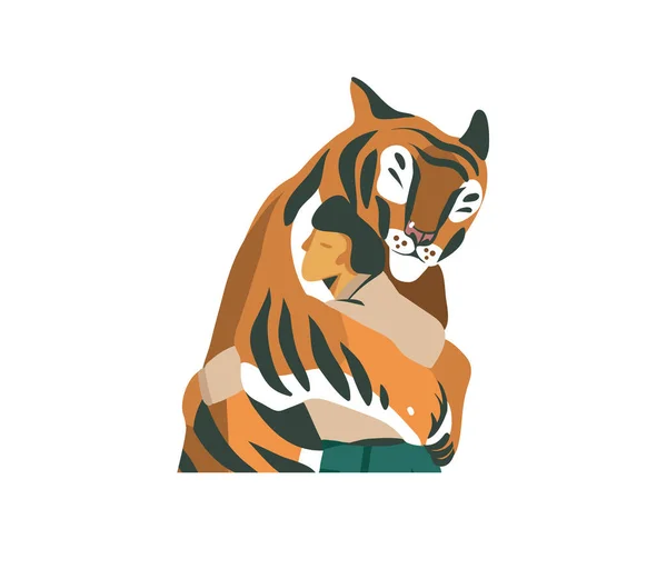 Handgezeichnete Vektor Stock abstrakte grafische Illustration mit einem Mann Tiger Trainer sehr zärtlich liebevolle Umarmungen mit einem Tiger isoliert auf weißem Hintergrund — Stockvektor