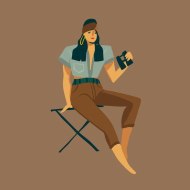 El çizimi vektör stoku soyut grafik çizimi. Sandalyede oturan ve arka planda izole edilmiş vahşi bir safaride dürbünle bakan bir kız.