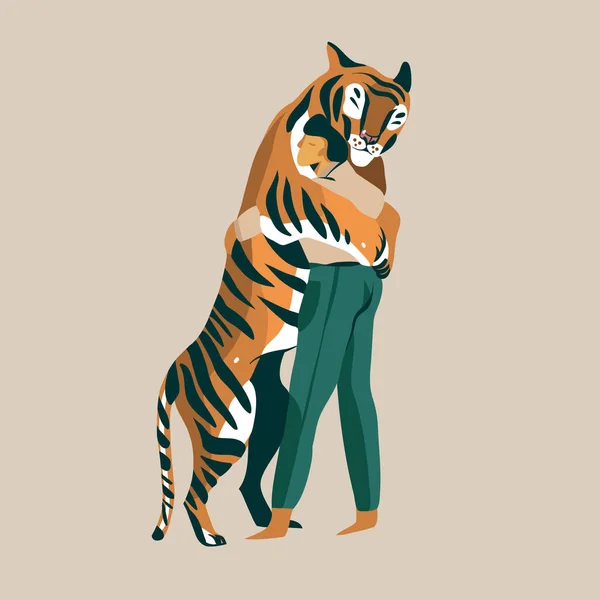 Handgezeichnete Vektor Stock abstrakte grafische Illustration mit einem Mann Tiger Trainer sehr zärtlich liebevolle Umarmungen mit einem Tiger isoliert auf weißem Hintergrund — Stockvektor