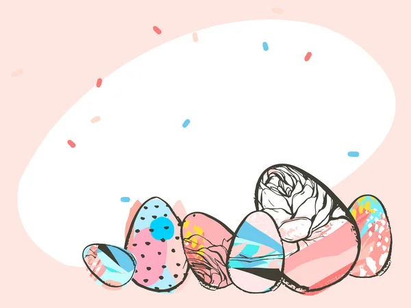 Dibujado a mano vector abstracto gráfico rústico textura collage Feliz Pascua linda tarjeta de felicitación plantilla y huevos de Pascua ilustración aislada sobre fondo pastel — Vector de stock