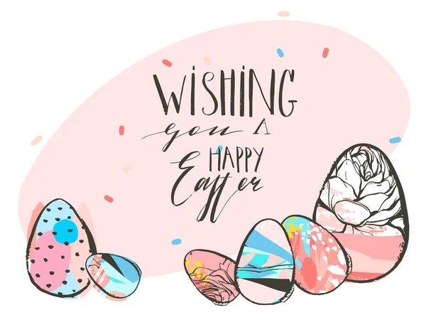 Hand drawn vector abstract graphic rustic textured collage Happy Easter cute greeting card template and Easter eggs illustration with handwritten calligraphy isolated on pastel background — Stock Vector