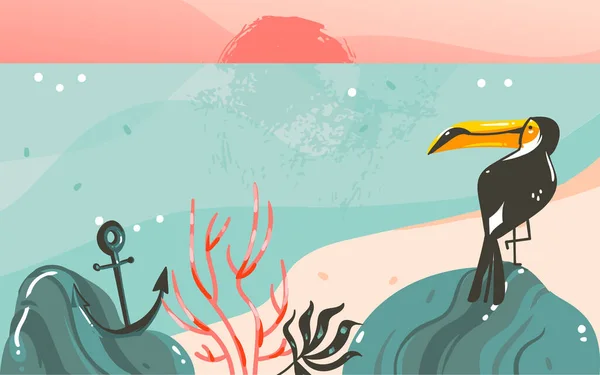 Vettore disegnato a mano astratto cartoni animati estate grafica illustrazioni arte modello banner sfondo con oceano spiaggia paesaggio, rosa tramonto vista, bellezza toucan e con spazio copia per il vostro disegno — Vettoriale Stock