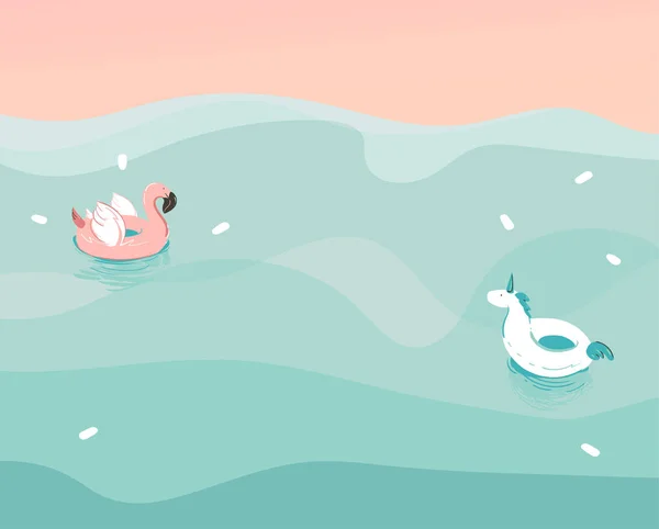Hand dras vektor stock abstrakt grafisk illustration med en enhörning och flamingo simning gummi flytring ringar i havet vågor landskap isolerad på blå bakgrund — Stock vektor