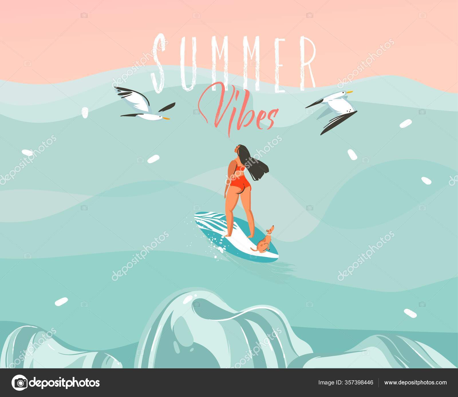 Hand drawn vector abstract cartoon summer time graphic illustrations art  template background with ocean beach landscape,pink sunset,boys and girls  on beach scene and summer never ends typography Stock Vector