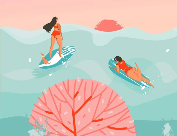 El çizimi vektör stoku soyut grafik çizimi okyanus dalgaları manzarasında yüzen bir sörfçü kız ve mavi arka planda izole gün batımı manzarası — Stok Vektör
