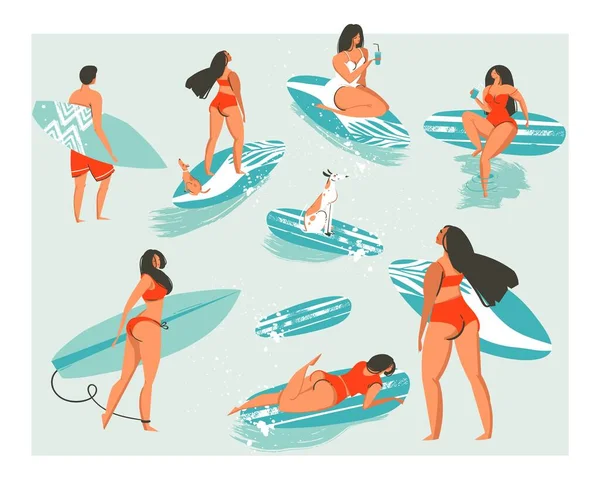 Handgetekende vector abstracte collectie van leuke grappige mensen in zwemkleding surfen in zee of oceaan. Bundel gelukkige surfers in strandkleding met surfplanken geïsoleerd op witte achtergrond — Stockvector