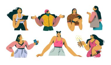 Sevimli komik kız karakterlerinin el çizimi vektör soyut koleksiyonu. Beyaz arka planda izole edilmiş bir grup mutlu öğrenci ve serbest çalışan kız.