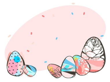 El çizimi vektör soyut kırsal desenli kolaj Mutlu Paskalya tatlı tebrik kartı şablonu ve pastel arka planda izole edilmiş Paskalya yumurtaları