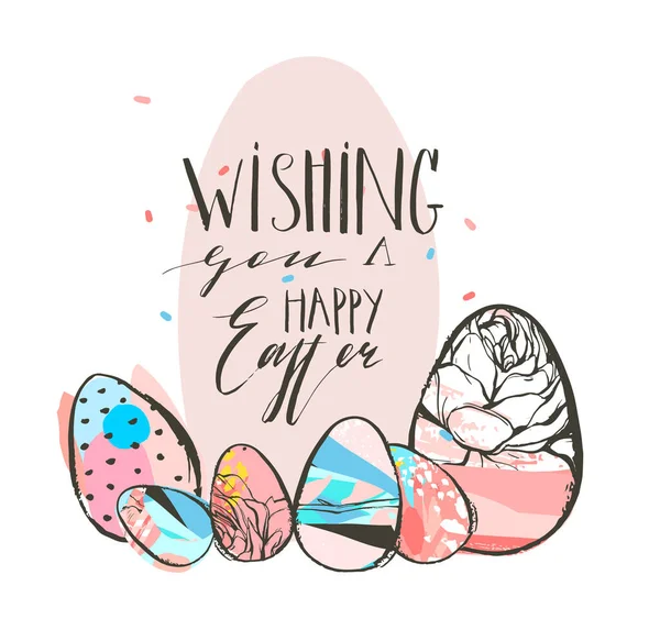 Hand drawn vector abstract graphic rustic textured collage Happy Easter cute greeting card template and Easter eggs illustration with handwritten calligraphy isolated on white background — Stock Vector