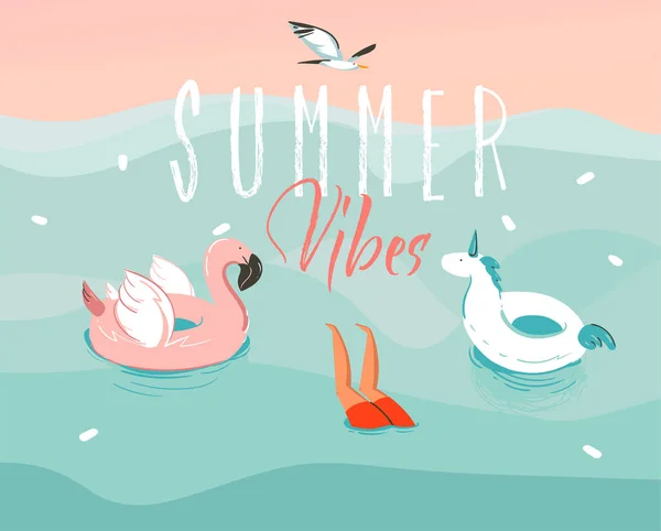 Handgezeichnete Vektor Stock abstrakte grafische Illustration mit einem springenden schwimmenden Jungen mit einem Einhorn und Flamingo Gummiring und Summer Vibes Typografie isoliert auf Meereswellen Hintergrund — Stockvektor