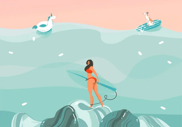 Estoque vetorial desenhado à mão ilustração gráfica abstrata com uma garota surfista engraçada que toma sol com cachorro na paisagem das ondas do oceano, nadando e surfando isolada no fundo da cor — Vetor de Stock