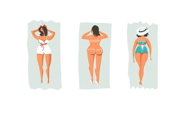 Vettore disegnato a mano retro cartone animato estate tempo divertente illustrazioni raccolta insieme con pigro sdraiato prendere il sole ragazze sulla spiaggia isolata su sfondo bianco — Vettoriale Stock