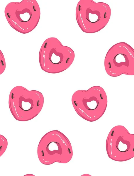 Dibujado a mano vector abstracto verano divertido patrón sin costuras con forma de corazón rosa piscina boya flotador anillo aislado sobre fondo blanco — Archivo Imágenes Vectoriales