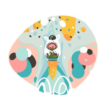 Tek boynuzlu at uzay gemisi, kuyruklu yıldızlar ve evrendeki gezegenler ile beyaz soyut arkaplanda izole edilmiş, el çizimi, yaratıcı karikatür çizimleri posteri veya baskısı