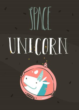 El çizimi vektör soyut grafik çizimi karikatür tasarım şablonu basit tek boynuzlu at astronot karakteri ve kara arkaplanda izole edilmiş Uzay Tek boynuzlu at kaligrafi alıntısı