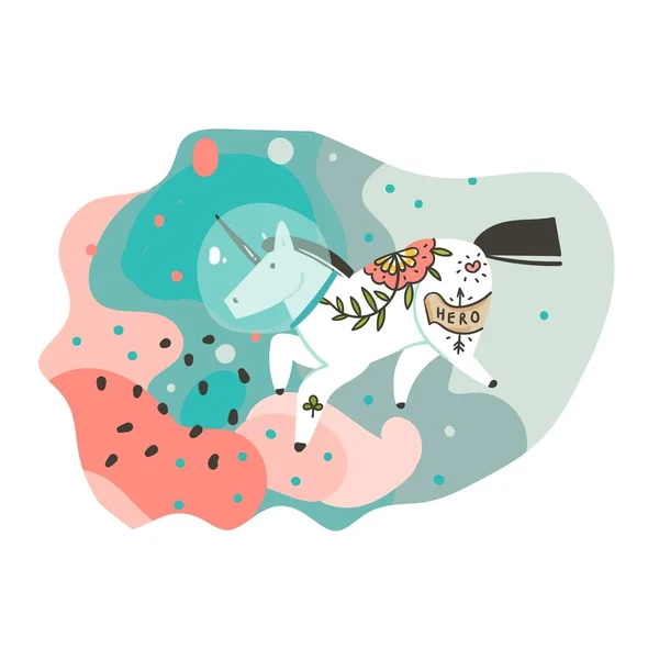 Vettore disegnato a mano grafica astratta cartone animato creativo illustrazioni poster o stampa con unicorno cosmonauta in caschi, comete e pianeti nel cosmo isolato su sfondo astratto bianco — Vettoriale Stock
