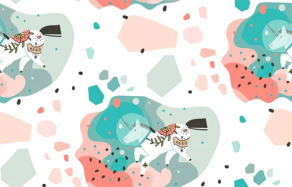 Hand drawn vector abstract graphic creative cartoon illustrations seamless pattern with cosmonaut unicorns with old school tattoo,comets and planets in cosmos isolated on white abstract background