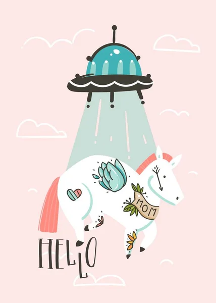 Vetor desenhado à mão abstrato gráfico criativo desenhos animados ilustrações modelo de design de cartão com caráter de astronauta unicórnio simples e nave espacial alienígena isolado em fundo pastel rosa —  Vetores de Stock