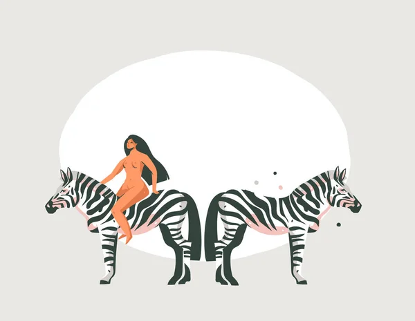 Gambar tangan kartun abstrak stok vektor Konsep alam Safari Afrika modern, ilustrasi kolase karya seni cetak dengan hewan zebra dan karakter wanita liar telanjang yang terisolasi di latar belakang warna. - Stok Vektor