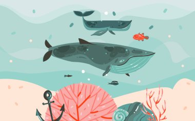 El çizimi vektör soyut karikatür yaz zaman çizimleri okyanus tabanı, mercan resifleri, deniz yosunu ve mavi su dalgaları üzerinde izole büyük balinalar ile arka plan şablonları