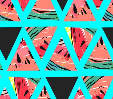 El çizimi vektör soyut kolajı karpuz motifli dikişsiz kalıp ve renk arkaplan izole üçgen hipster şekilleri