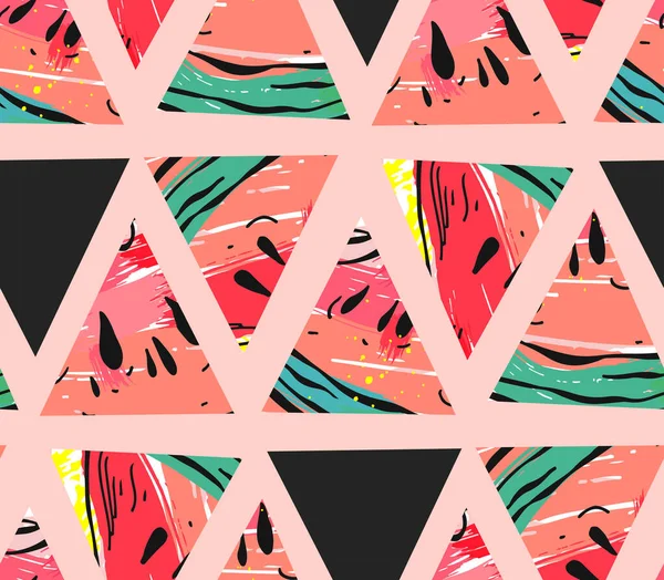 Dibujado a mano vector collage abstracto patrón sin costuras con motivos de sandía y formas de triángulo hipster aislados en el fondo de color. decoración inusual para boda, cumpleaños, tela de moda, guardar la fecha — Vector de stock