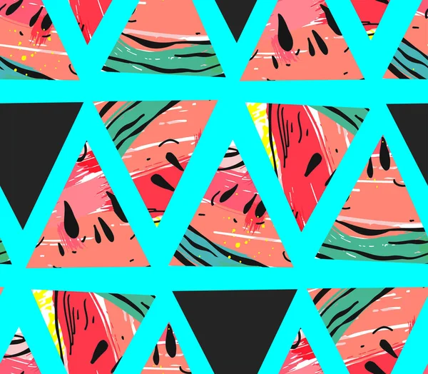 Ручний векторний абстрактний колаж безшовний візерунок з мотивом кавуна та формами трикутника ізольовані на кольоровому фоні — стоковий вектор