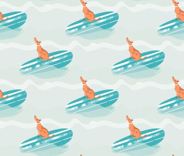 El çizimi vektör soyut yaz zamanı. Mavi okyanus dalgalarında sörf tahtasında sörf yapan köpekle eğlenceli, pürüzsüz desen çizimi.