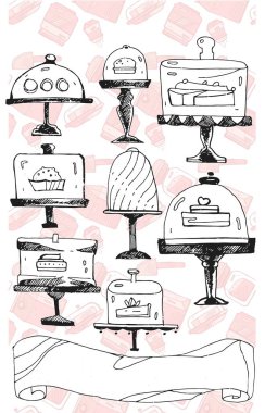 Beyaz fırın deseninde vektör illüstrasyonu, el çizimi pasta stantları.