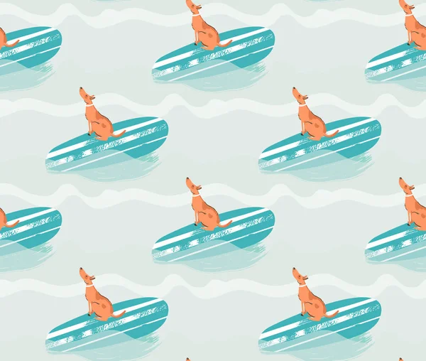 Hand dras vektor abstrakt sommar tid kul sömlös mönster illustration med surfing hund på surfbräda på blå havsvågor — Stock vektor