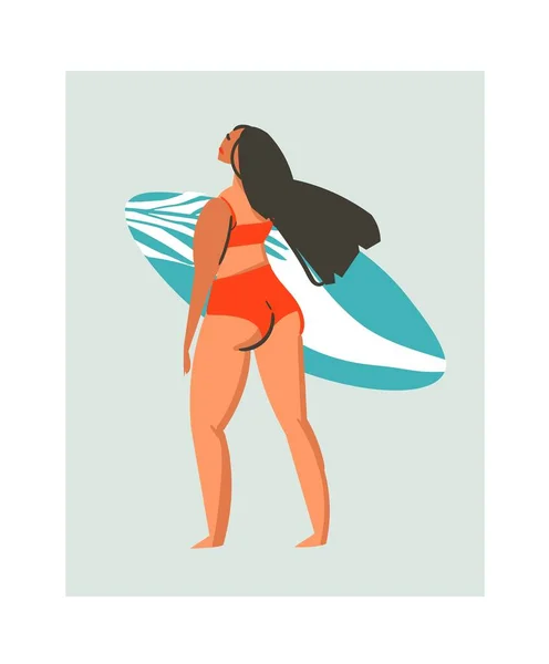 Hand getekend vector abstract schattig zomer tijd strand surfer meisje illustratie met rood badmode en surfplank geïsoleerd op blauwe achtergrond — Stockvector