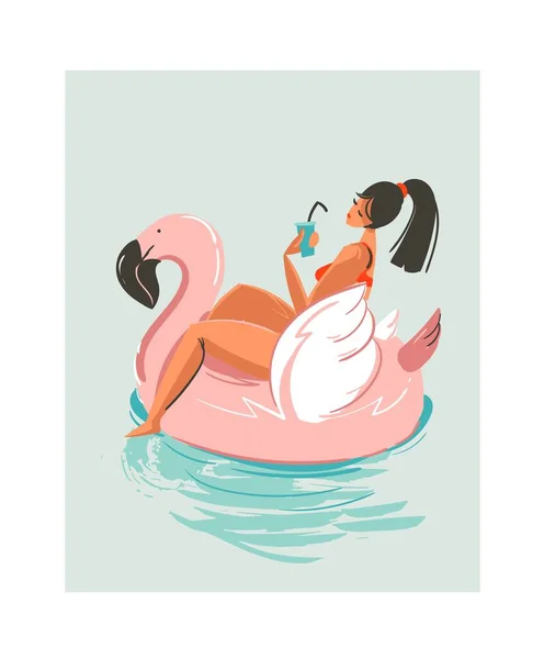 Handgezeichnete Vektor abstrakte niedliche Sommerzeit Strandmädchen schwimmen auf rosa Flamingo schwimmt Kreis in blauen Ozean Wasser Hintergrund. — Stockvektor
