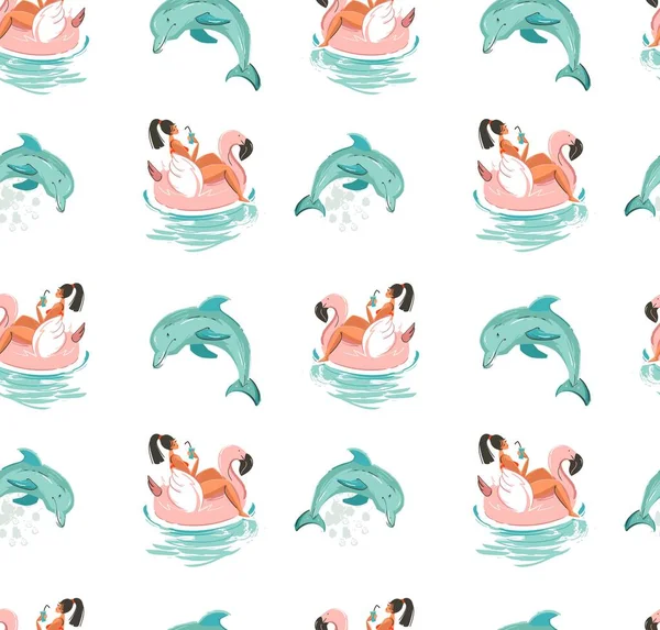 Ručně kreslený vektor abstraktní roztomilý letní čas bezešvé vzor s plážovou dívkou plavání na růžovém plameňáku kroužek a delfíni v modrém oceánu vodní pozadí — Stockový vektor