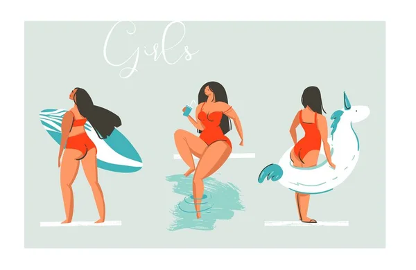 Handgezeichnete Vektor Cartoon Sommerzeit Spaß Strand Mädchen Sammlung Illustration Set mit Schwimmbad schwimmt Einhorn, Retro-Mädchen mit Cocktail und Surfer isoliert auf blauem Hintergrund — Stockvektor