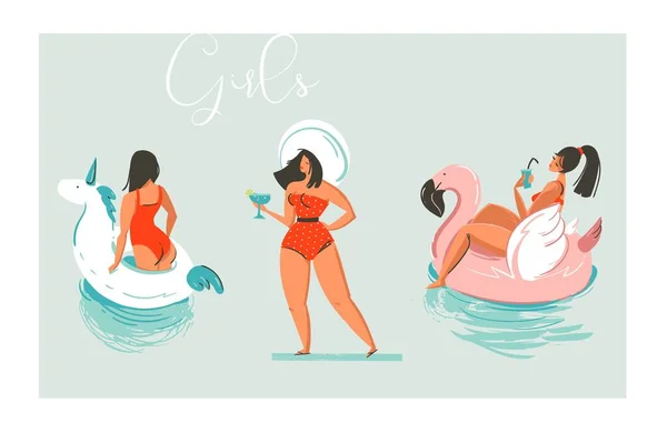 手绘矢量卡通画夏季海滩女孩们喜欢用游泳池、独角兽和火烈鸟环作画集，带着蓝色背景的鸡尾酒戴着帽子的复古女孩 — 图库矢量图片