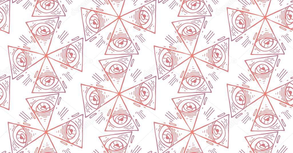 Warm gradien hand draw vector seamless evil eyes pattern with geometric designs