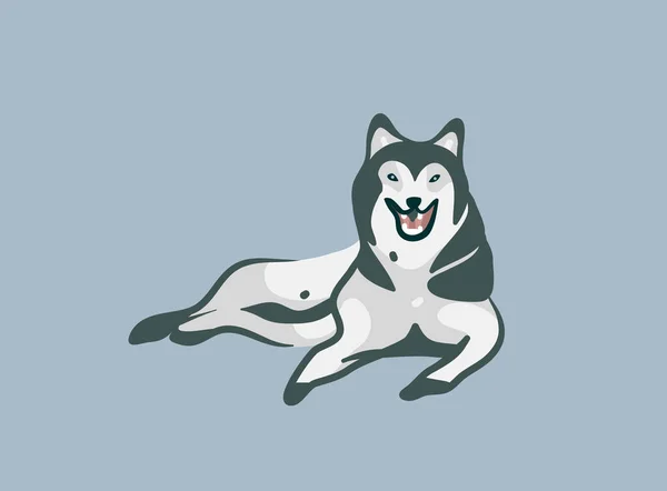 Handgezeichneter Vektorstock abstrakte grafische Cartoon-Illustration mit liegendem Husky-Hund isoliert auf farbigem Hintergrund — Stockvektor