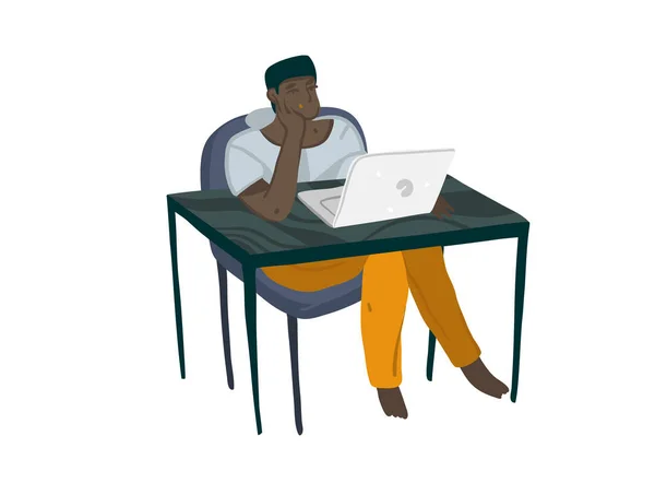 Dibujado a mano vector stock ilustración gráfica abstracta de dibujos animados con el hombre negro freelancer personaje trabajando en casa con ordenador portátil y sentado en el escritorio aislado sobre fondo blanco — Vector de stock