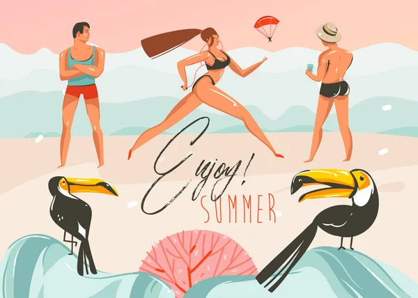 Χέρι διανυσματικά αφηρημένη κινουμένων σχεδίων θερινή ώρα γραφικές απεικονίσεις τέχνης πρότυπο φόντο με παραλία τοπίο, ροζ ηλιοβασίλεμα, αγόρια και τρέχοντας κορίτσι στην παραλία σκηνή με καλοκαίρι απολαύστε τυπογραφία απόσπασμα — Διανυσματικό Αρχείο