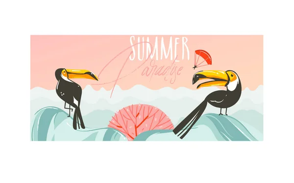 Χέρι διανυσματικά αφηρημένη κινουμένων σχεδίων θερινή ώρα γραφικές απεικονίσεις τέχνης με ηλιοβασίλεμα σκηνή παραλία και toucan τροπικά πουλιά με Parsdise καλοκαίρι τυπογραφία κείμενο που απομονώνονται σε λευκό φόντο — Διανυσματικό Αρχείο