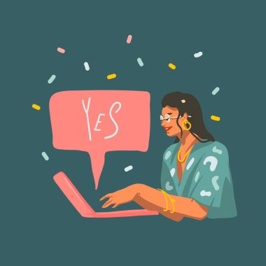 Elle çizilmiş vektör soyut stok grafik çizimi dizüstü bilgisayarda çalışan ve beyaz arka planda izole edilmiş sohbet eden genç bir kadınla