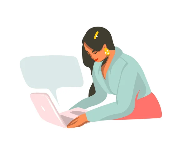 Ručně kreslený vektor abstraktní stock ilustrace s mladou ženou pracující na notebooku a hlasové bubliny izolované na bílém pozadí — Stockový vektor