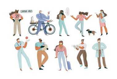 El çizimi, soyut grafik çizimi, yüz maskeleri, eve servis, doktorlar ve beyaz arka planda izole edilmiş hemşire grubu kavramına sahip Coperid-19 konsepti.