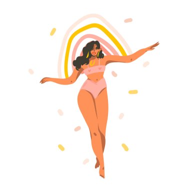 Elle çizilmiş vektör soyut stok grafik çizimi. Genç gülümseyen bir kadın ve beyaz arka planda yalnız dans eden bir ev.